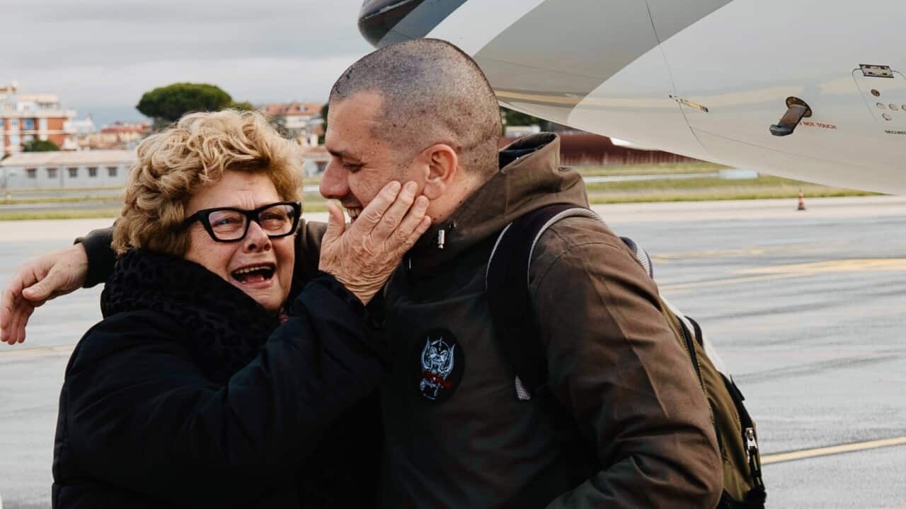 Alberto Trentini hugged by his mother Armanda upon his arrival in Rome.