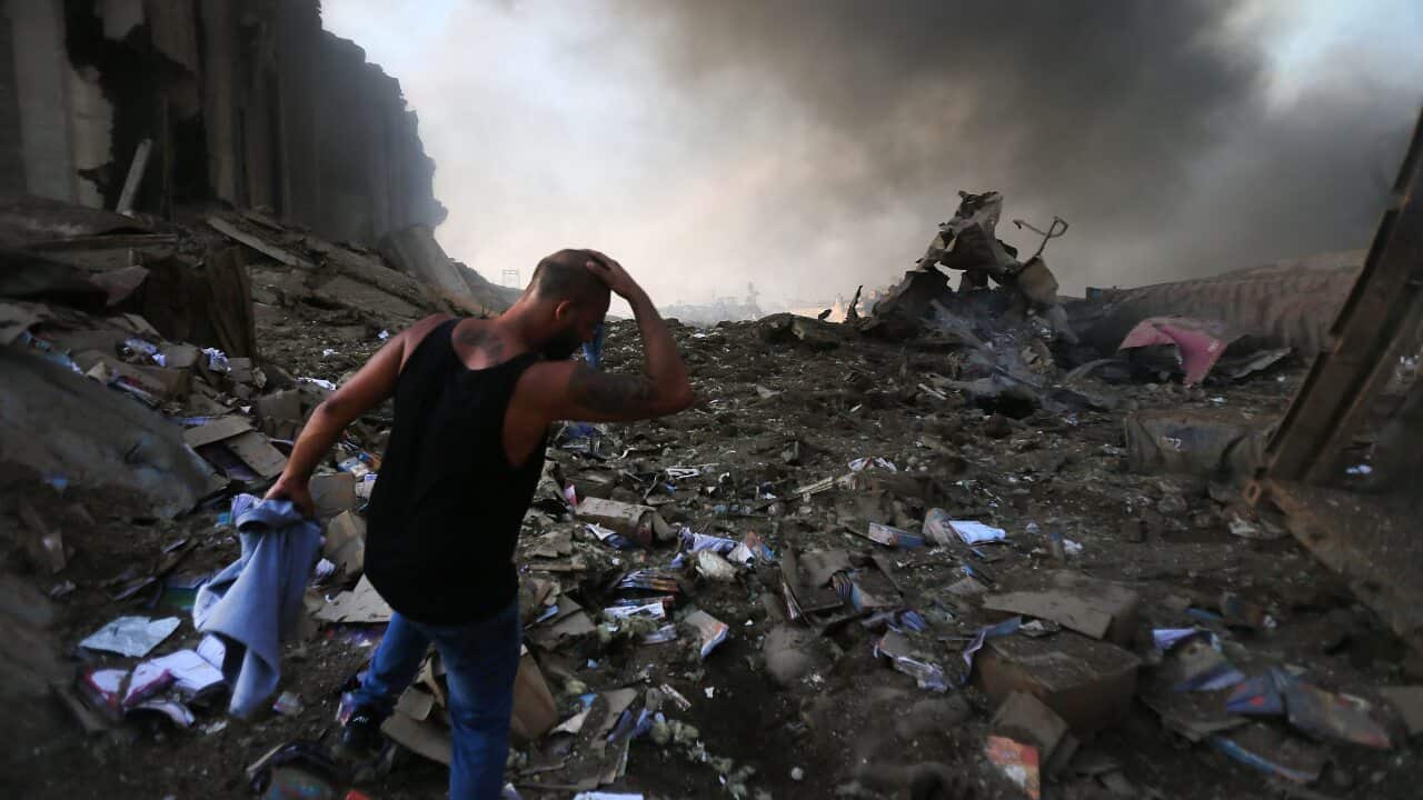 The scene of an explosion at the port in the Lebanese capital Beirut on August 4, 2020.
