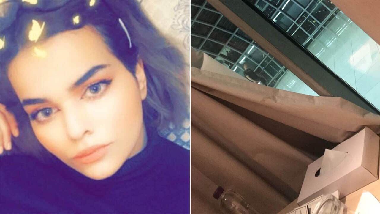 Rahaf Mohammed Multaq Alqunun (pictured left) and a picture believed to be from her airport hotel room (pictured right).