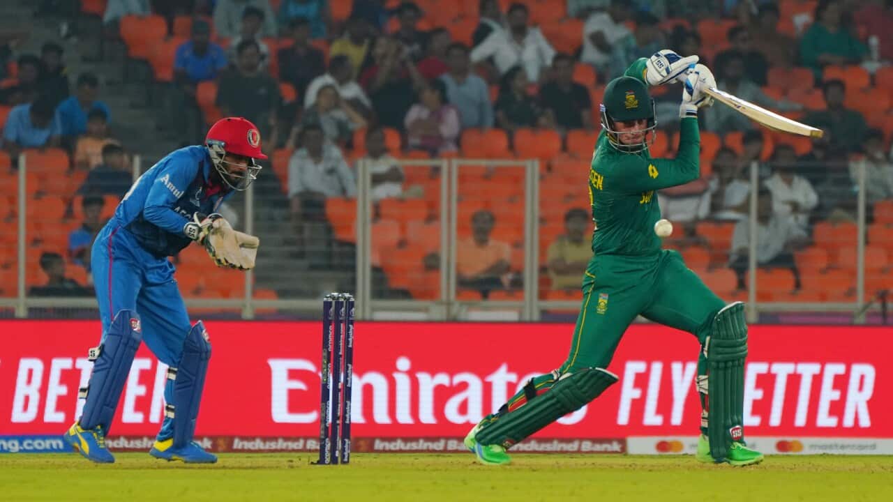South Africa's Rassie van der Dussen plays a shot during the match against Afghanistan
