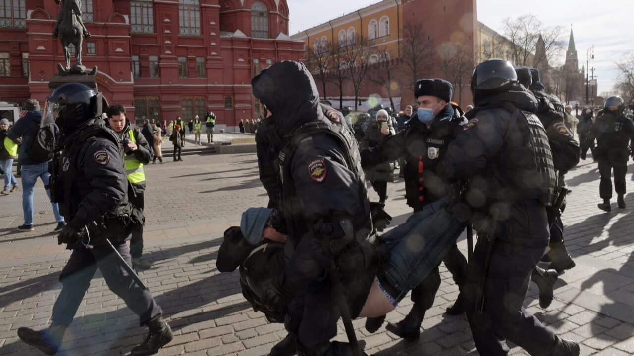 Protesters against Russia's actions in Ukraine are arrested in Moscow in March 2022