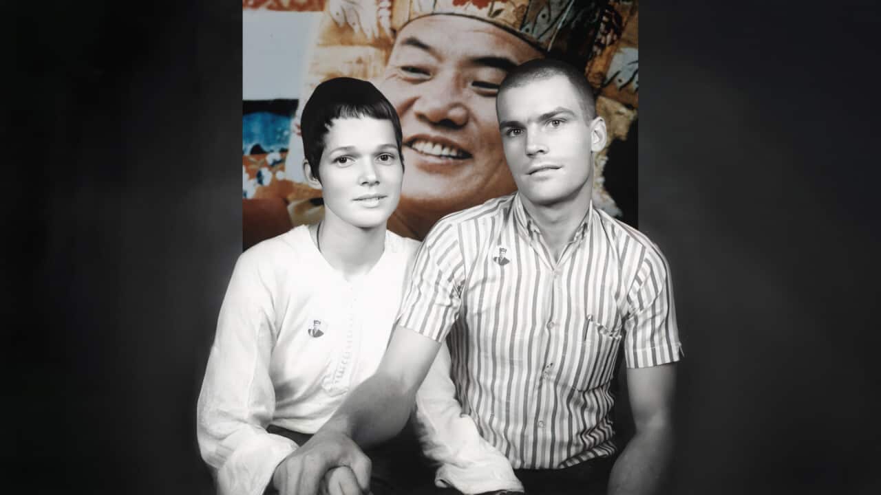 A composite image of the 16th Karmapa, Rangjing Rigpe Dorje (C) and a young Hannah Nydahl (L) and Ole Nydahl (R).