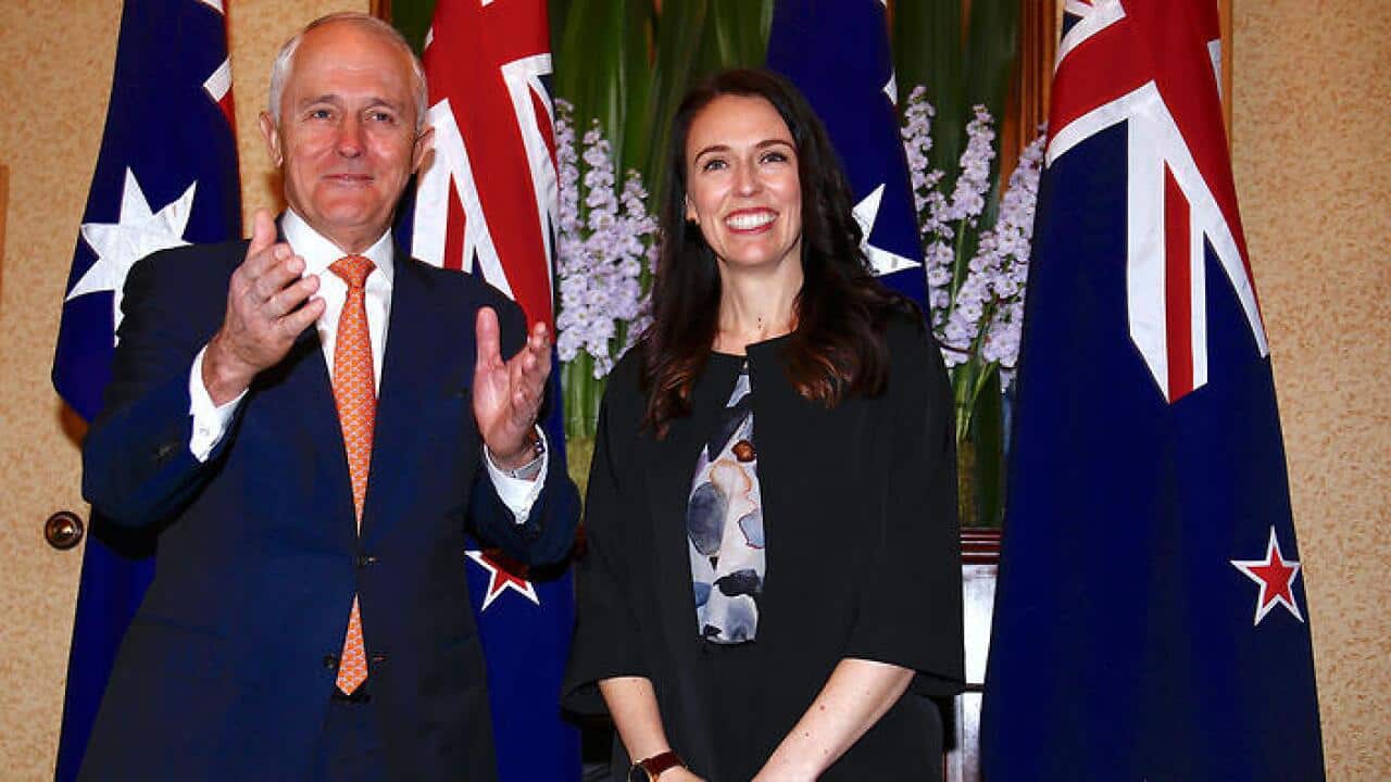 Australian Prime Minister Malcolm Turnbull greets New Zealand Prime Minister Jacinda Ardern before their meeting in Sydney, Australia, November 5, 2017. (AAP)