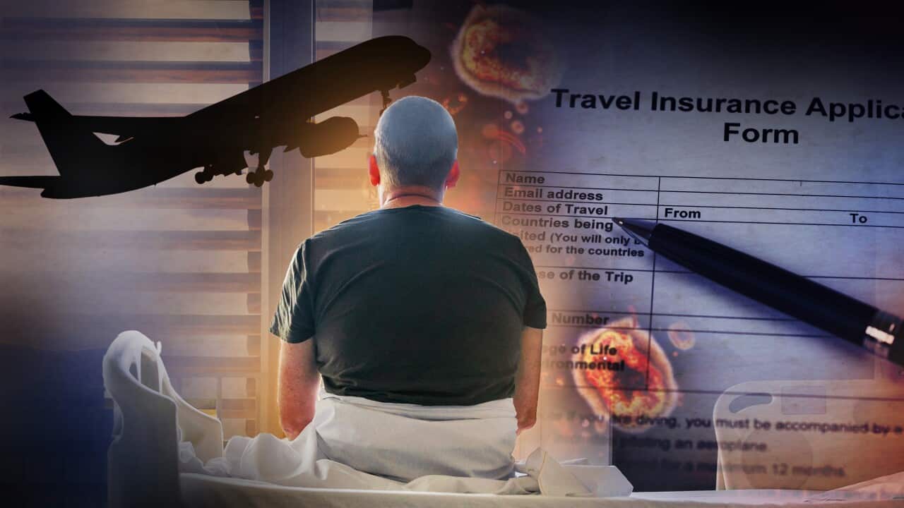 A digital graphic showing a plane, a travel insurance form, and a person sitting on a hospital bed.