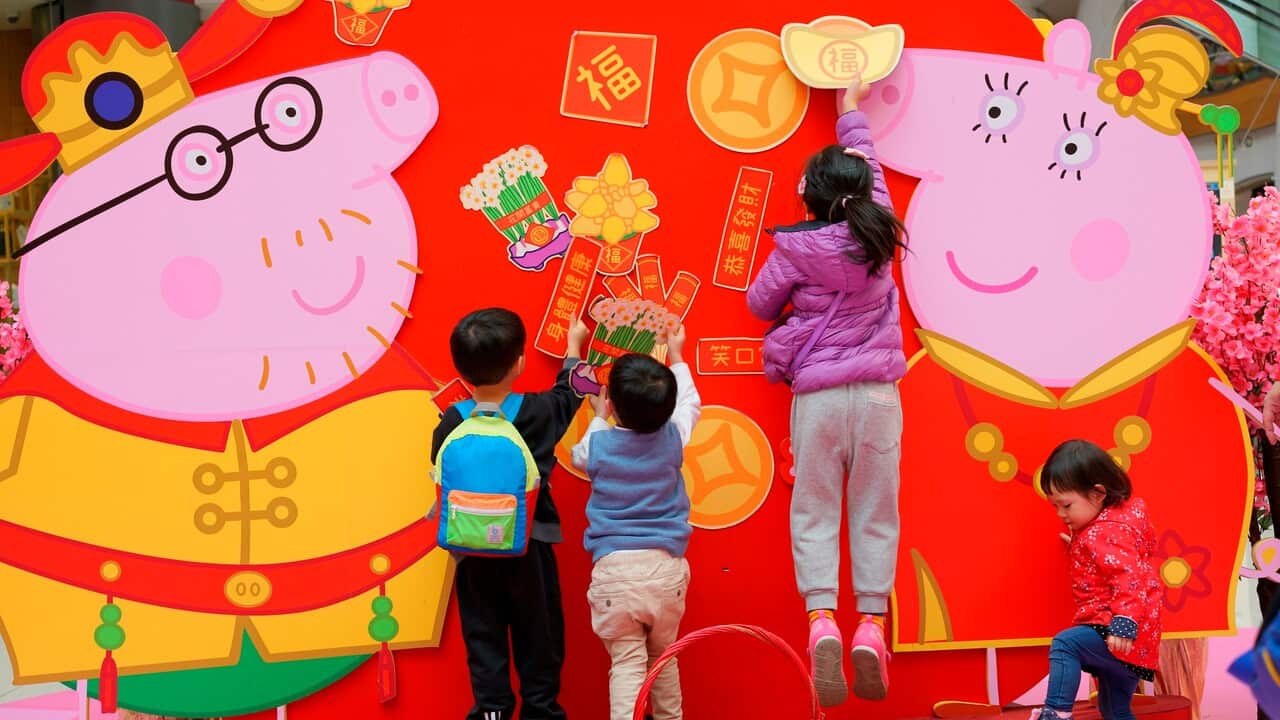Peppa Pig welcome Chinese new year at a market in Hong Kong, China on 28 January 2019. 