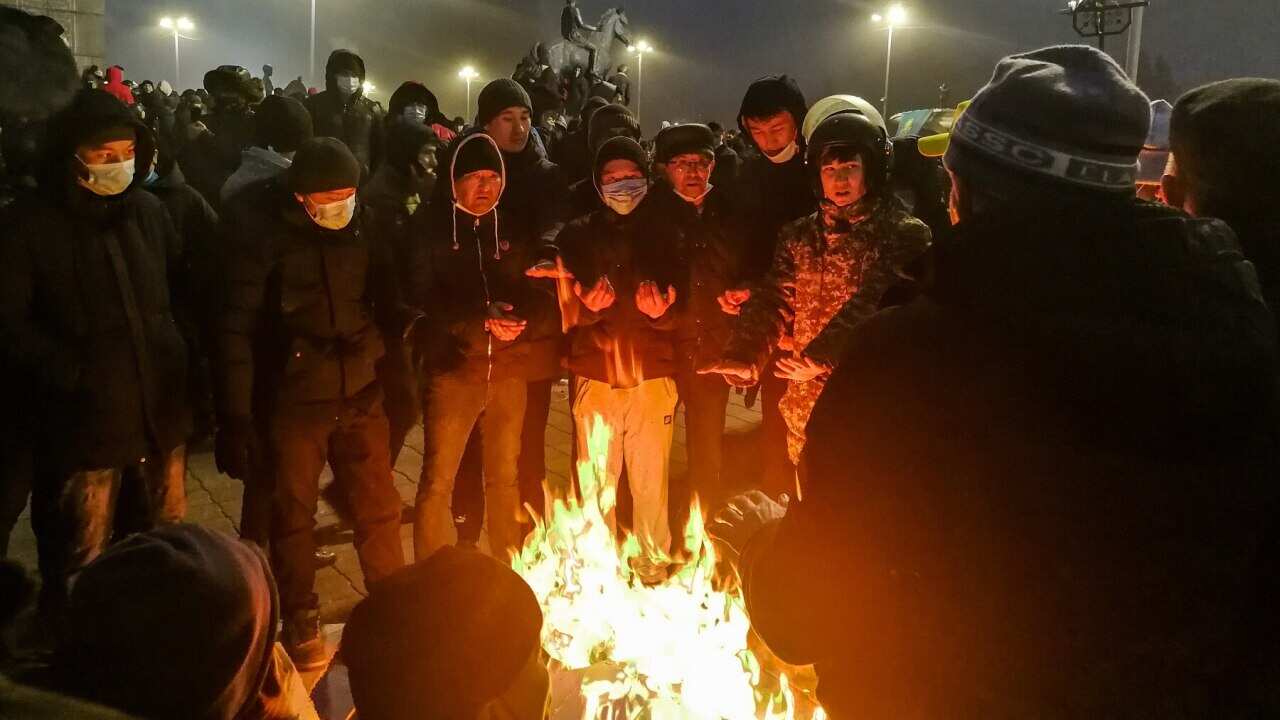 People take part in a rally in Almaty, Kazakhstan