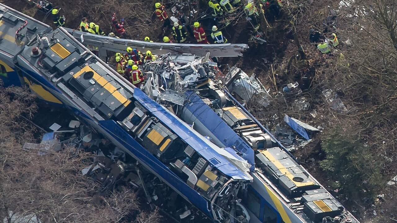 An aerial view of rescue forces working at the site of a train accident near Bad Aibling,Germany, 09 February 2016.