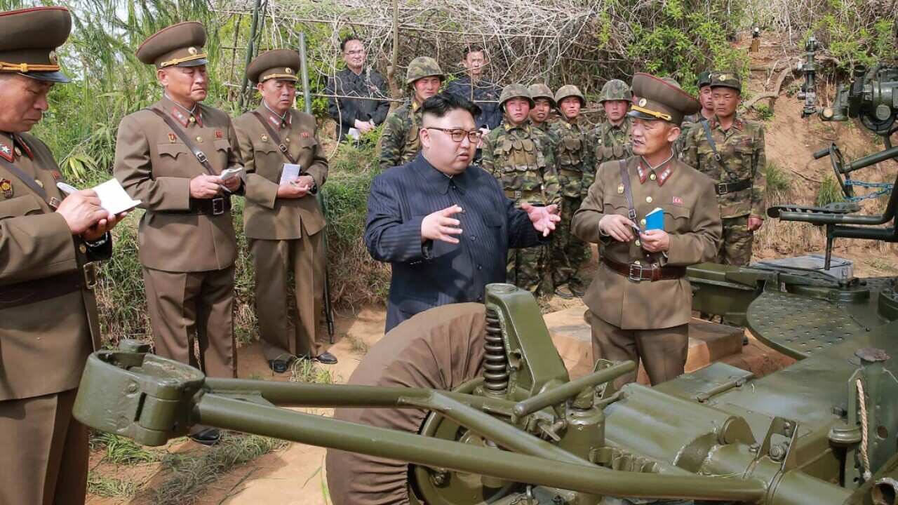 This undated picture released from North Korea's official Korean Central News Agency (KCNA) on May 5, 2017 shows North Korean leader Kim Jong-Un (C) inspecting