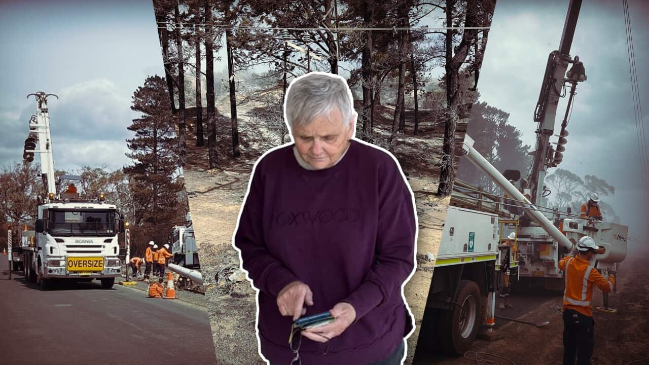 A composite image of fire and rescue trucks and a woman in a purple jumper superimposed in the centre