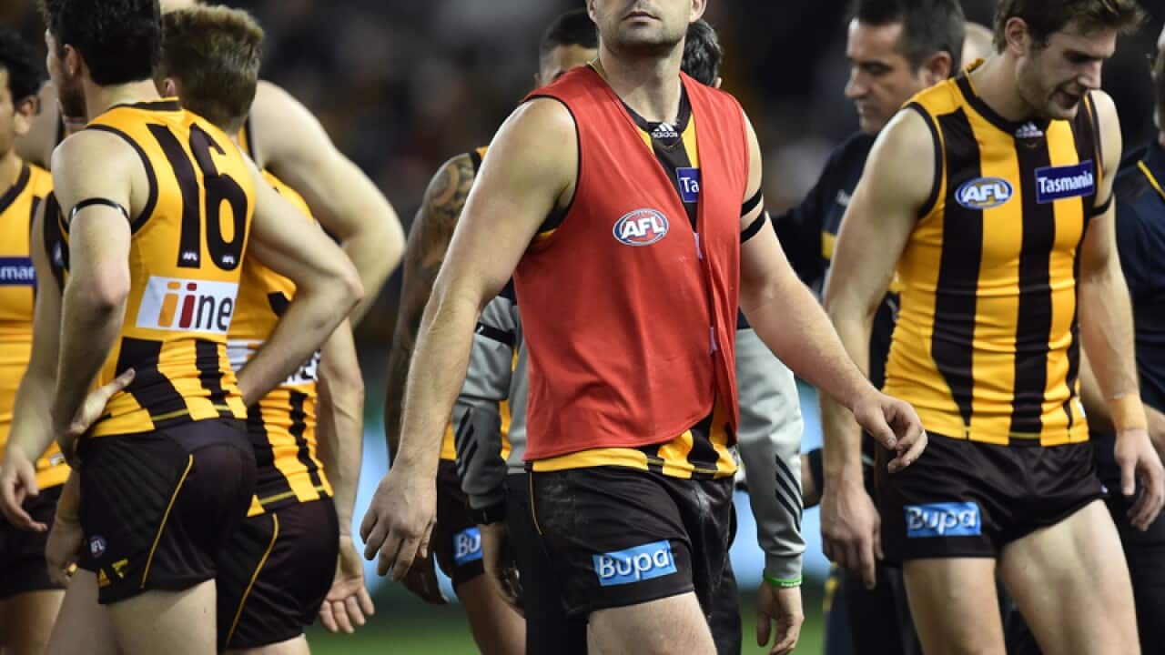 Hawthorn player Brian Lake seen wearing the red substitutes vest