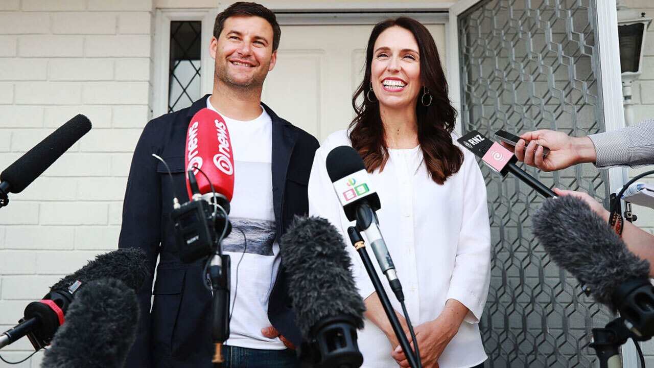 Prime Minister Jacinda Ardern and her partner Clarke Gayford speak to the media January 19, 2018 in Auckland, New Zealand.
