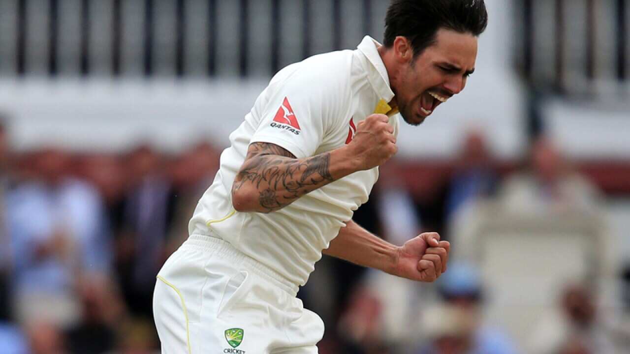 Australia bowler Mitchell Johnson celebrates