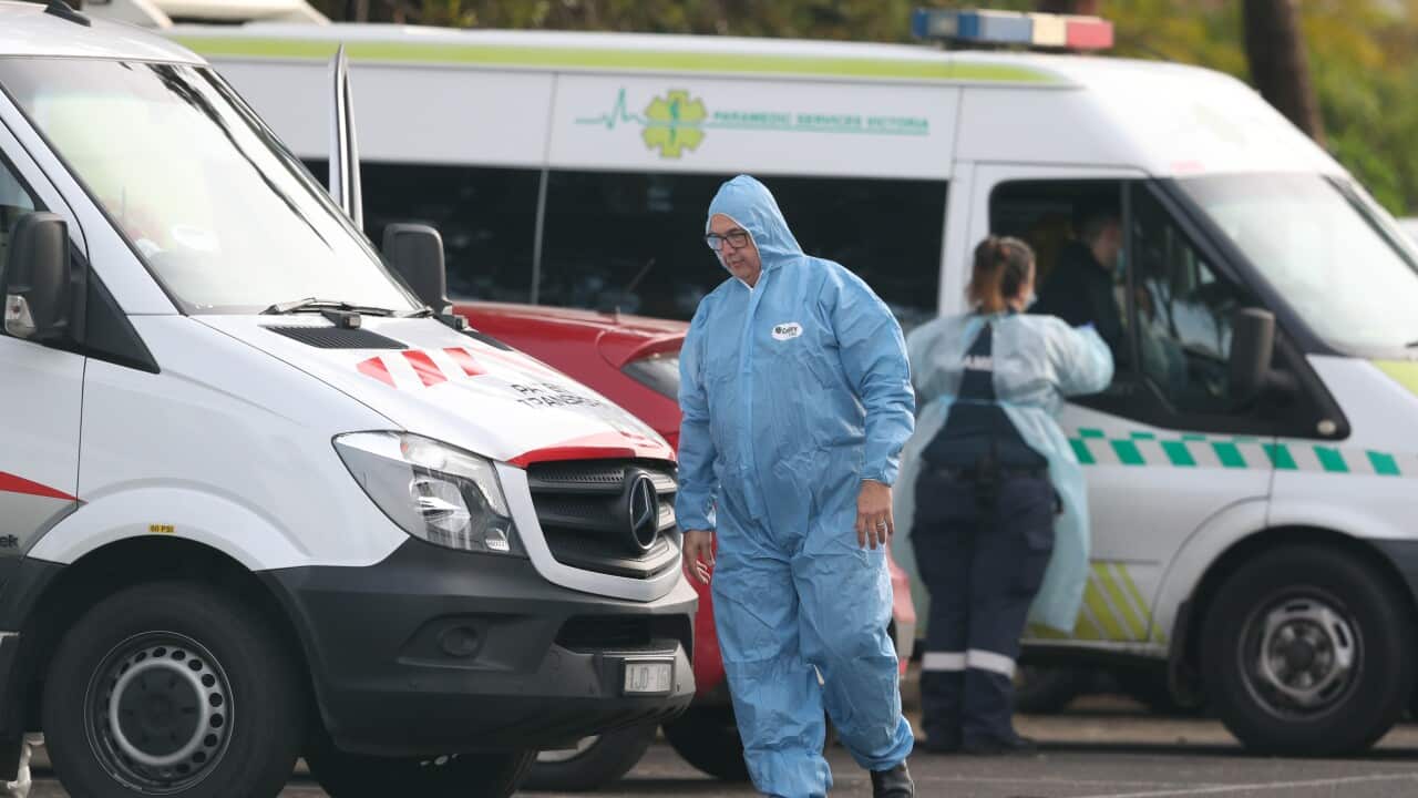 Medical staff outside St Basil’s Home for the Aged Care in Fawkner, which has had an outbreak of COVID-19, Melbourne, Saturday, July 25, 2020.
