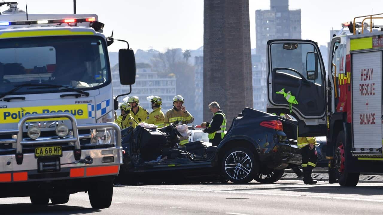 The wreckage of a multi car accident on the Sydney Harbour Bridge which resulted in one fatality and a number of serious injuries in Sydney, August, 27.