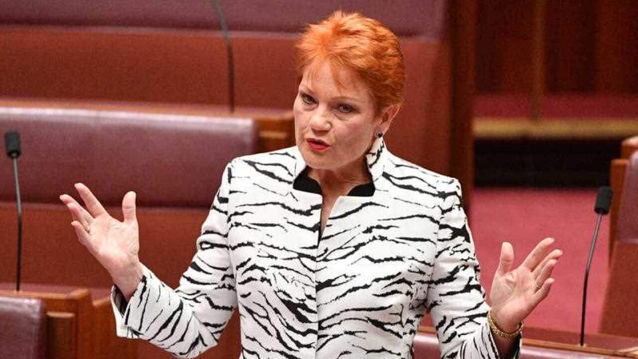 One Nation leader Senator Pauline Hanson reacts to Katter's Australian Party Senator Fraser Anning first speech.