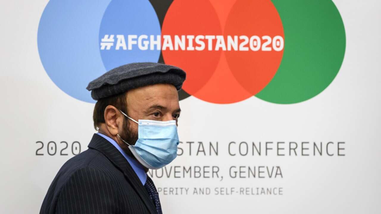 Afghanistan's Economy Minister Abdul Hadi Arghandiwal at the donor conference in Geneva
