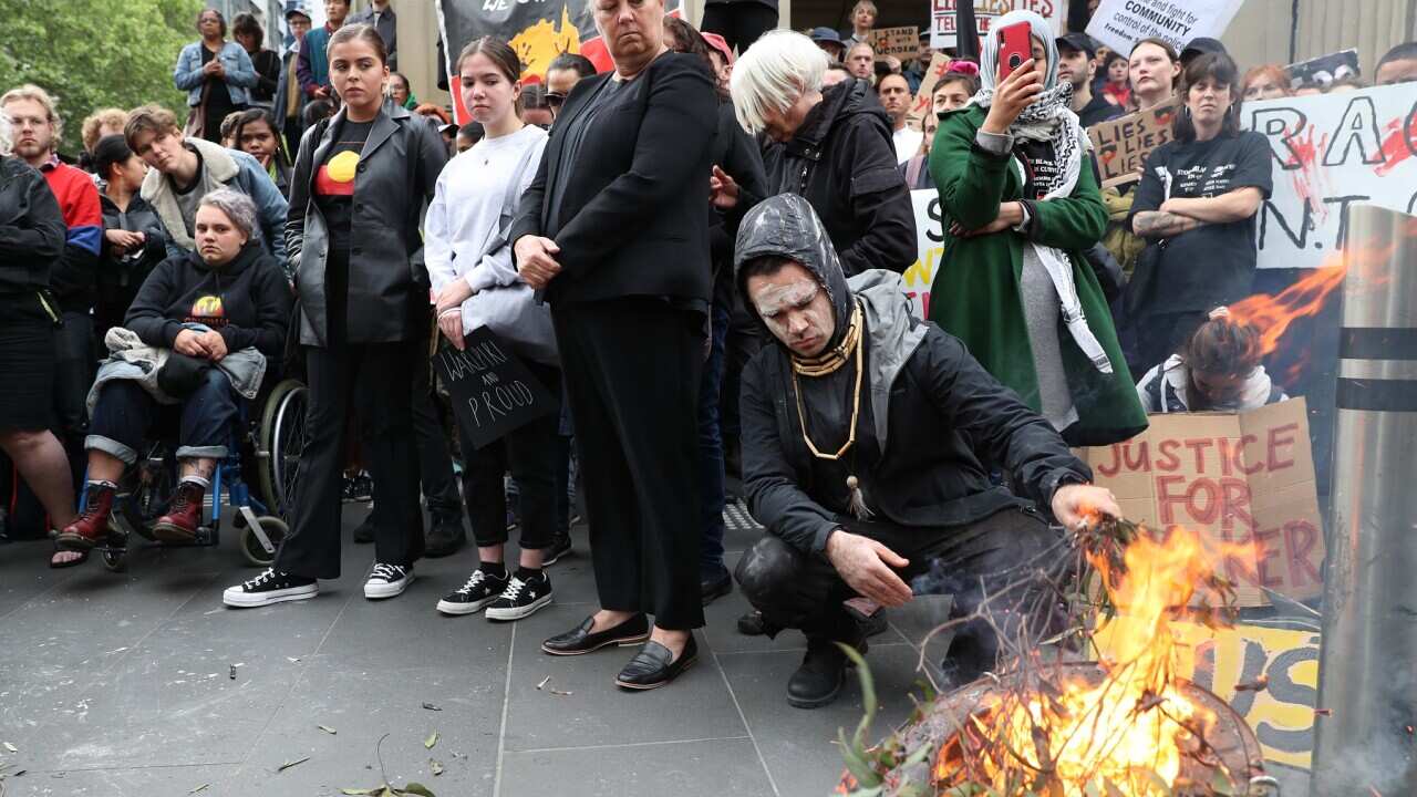 Aboriginal and Torres Strait Islanders and allies during a protest at the General Post Office in Melbourne, Wednesday, November 13, 2019