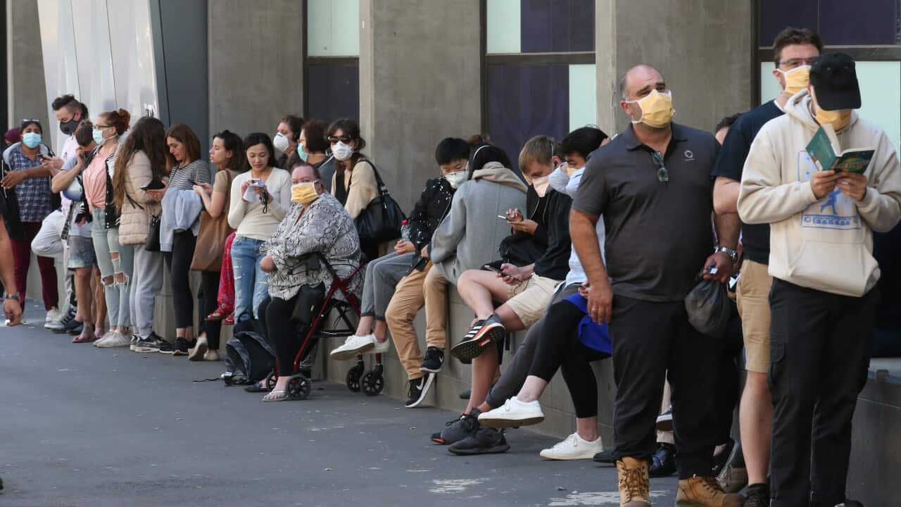 Patients line up at the Royal Melbourne Hospital for coronavirus testing. Tuesday, 10 March 10, 2020.