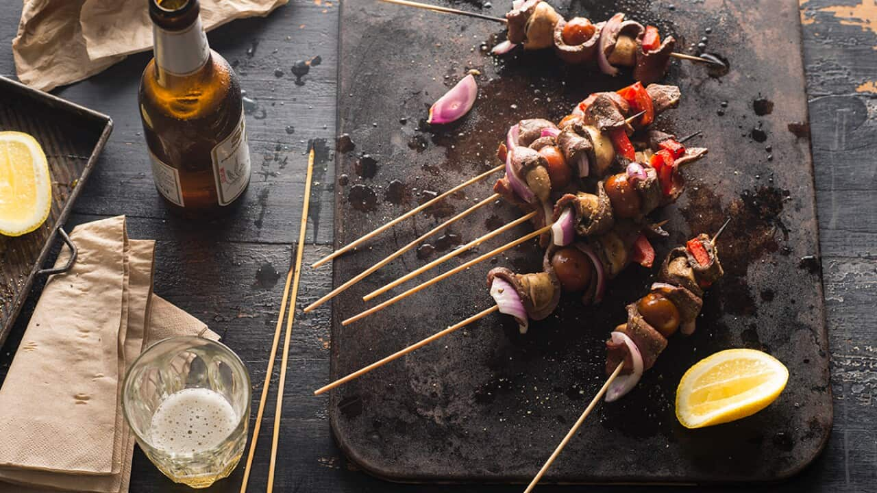 Skewered Beef on Noodle Nests Recipe