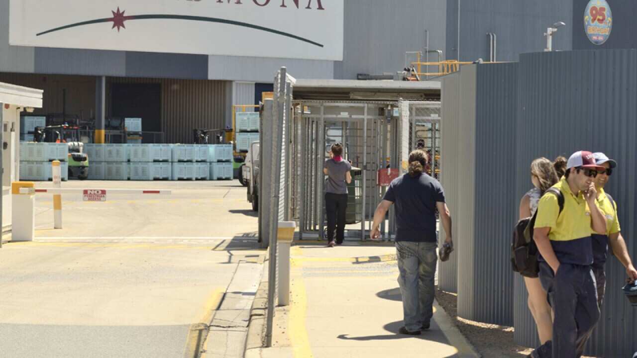 Employees leave the SPC Ardmona factory in Shepparton, Victoria