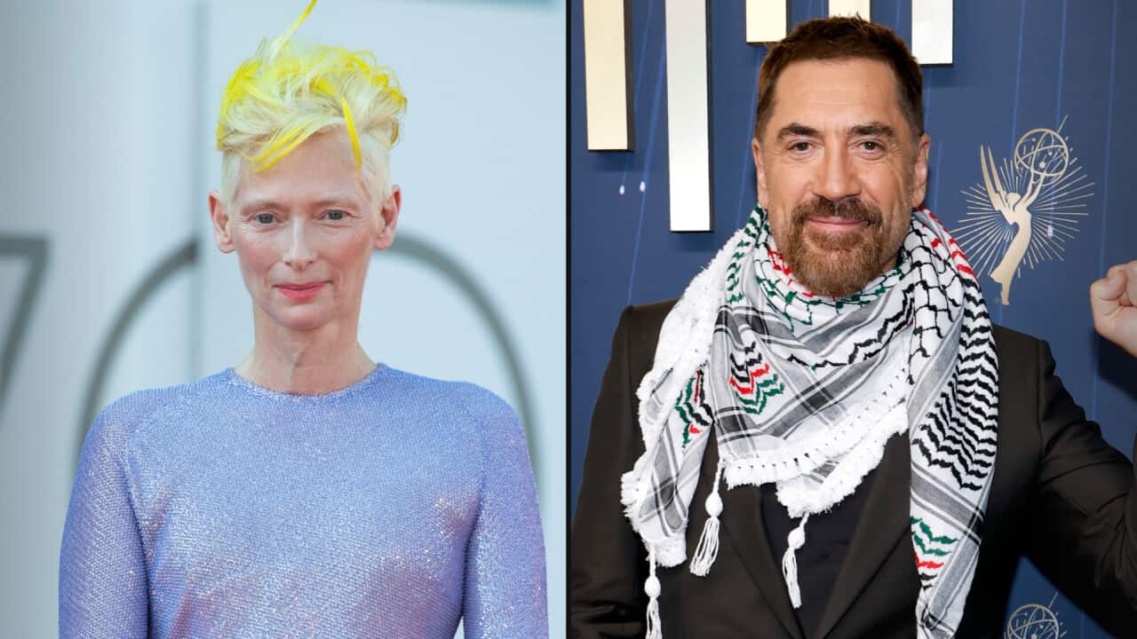 A composite image of Tilda Swinton wearing a purple shirt, and Javier Bradem wearing a keffiyeh and raising a fist.