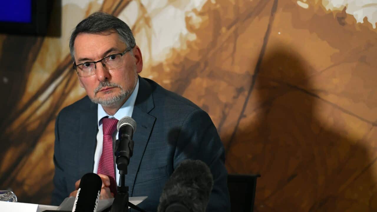 Russia’s Ambassador to Australia Dr. Alexey Pavlovsky at a press conference in Canberra, Friday, January 28, 2022. (AAP Image/Mick Tsikas) NO ARCHIVING