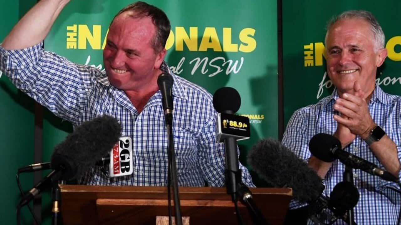 Barnaby Joyce and Malcolm Turnbull at an election party in Tamworth.