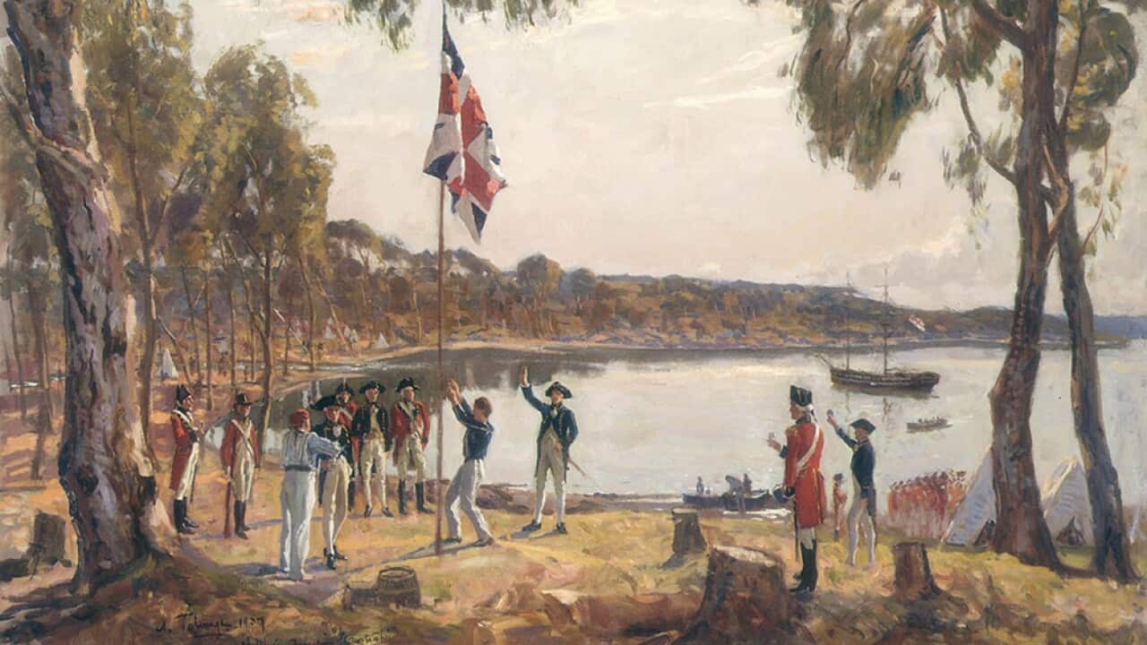 Capt. Arthur Phillip raising the British flag at Sydney Cove, 26 January 1788