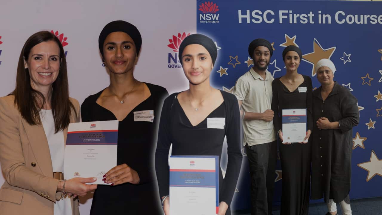 A collage of three images showing a young woman holding a certificate, including one photo where she stands with a NSW Government backdrop with an official, and one standing with her family.