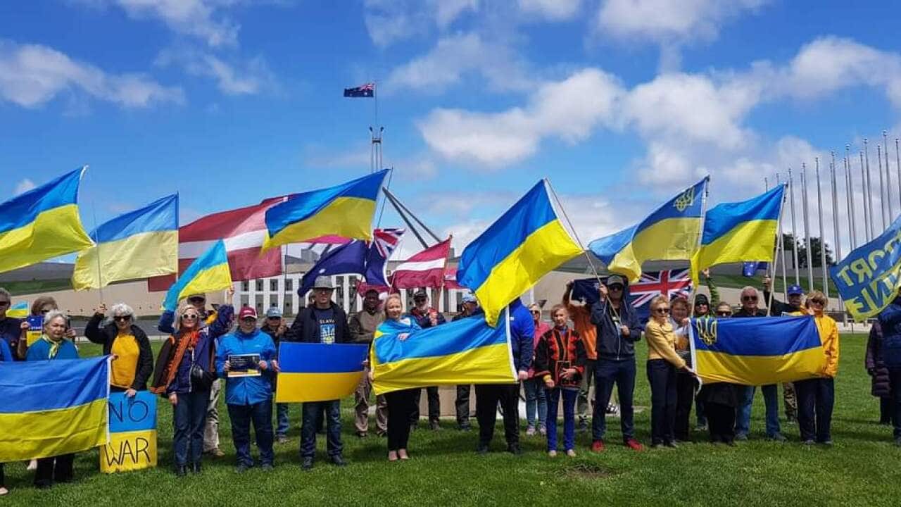 No War - Ukrainian-Canberrans protesters rally outside the Russian embassy in Canberra. .jpg