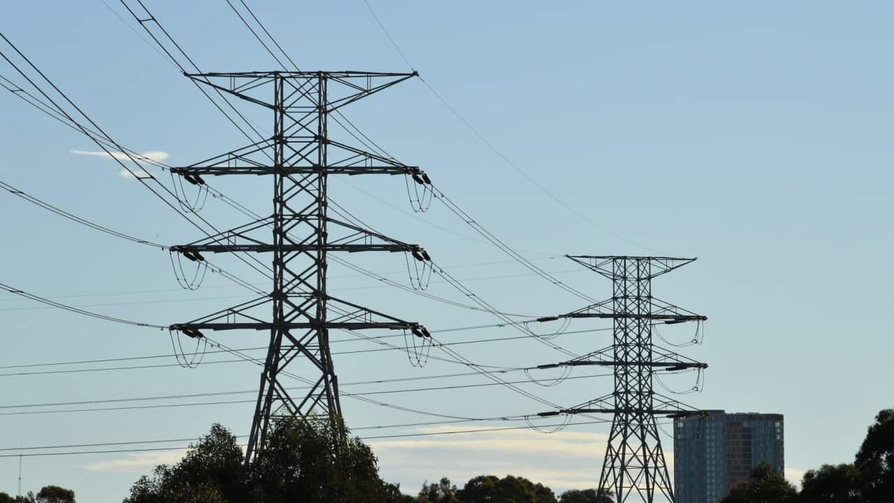 High voltage transmission lines are seen in Sydney, Wednesday, July 28, 2021. The Consumer Price Index (CPI) rose 0.8% this quarter. (AAP Image/Mick Tsikas) NO ARCHIVING