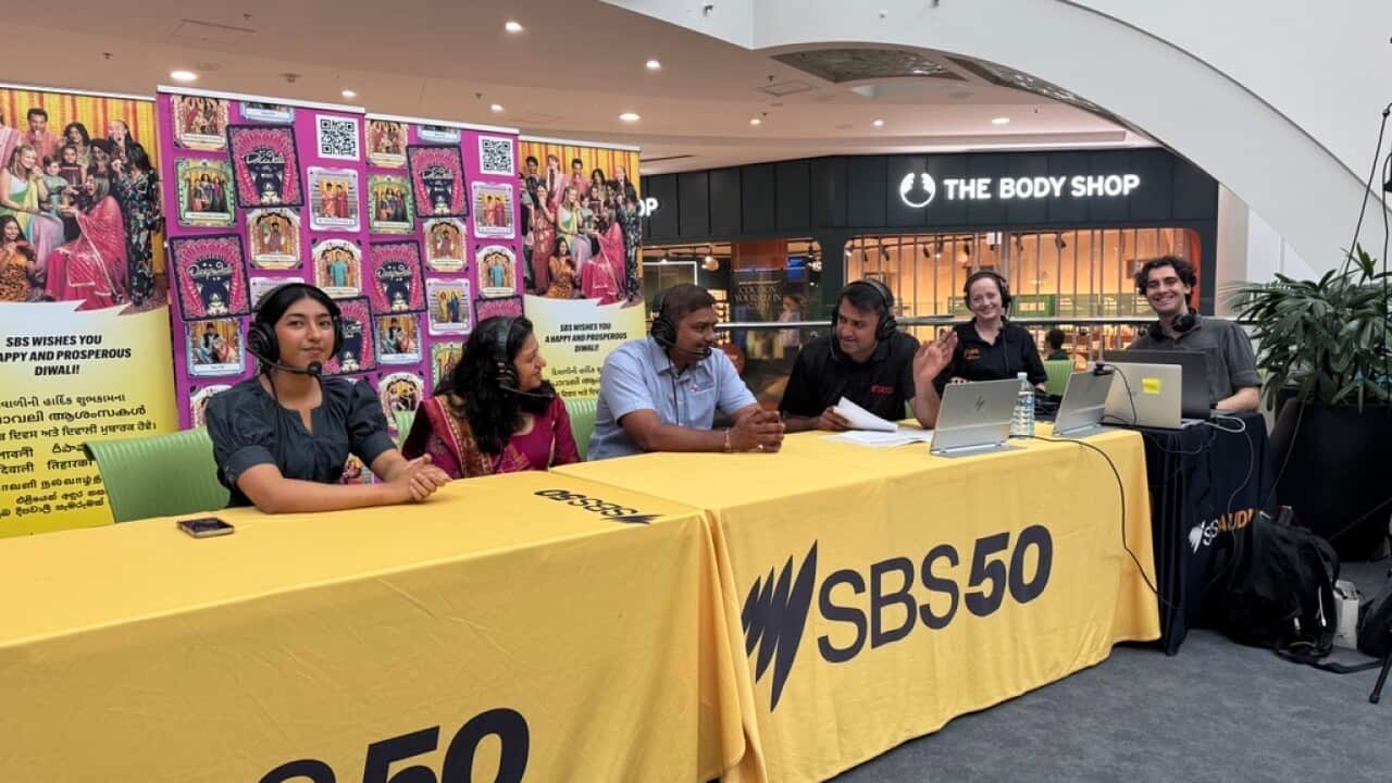 Jesleen, Twinkle, and Pruthesh Patel talk about life in Cairns with SBS Gujarati Executive Producer Vatsal Patel during the special outdoor broadcast at Cairns Central Shopping Centre on Thursday, October 9, 2025. Credit: SBS