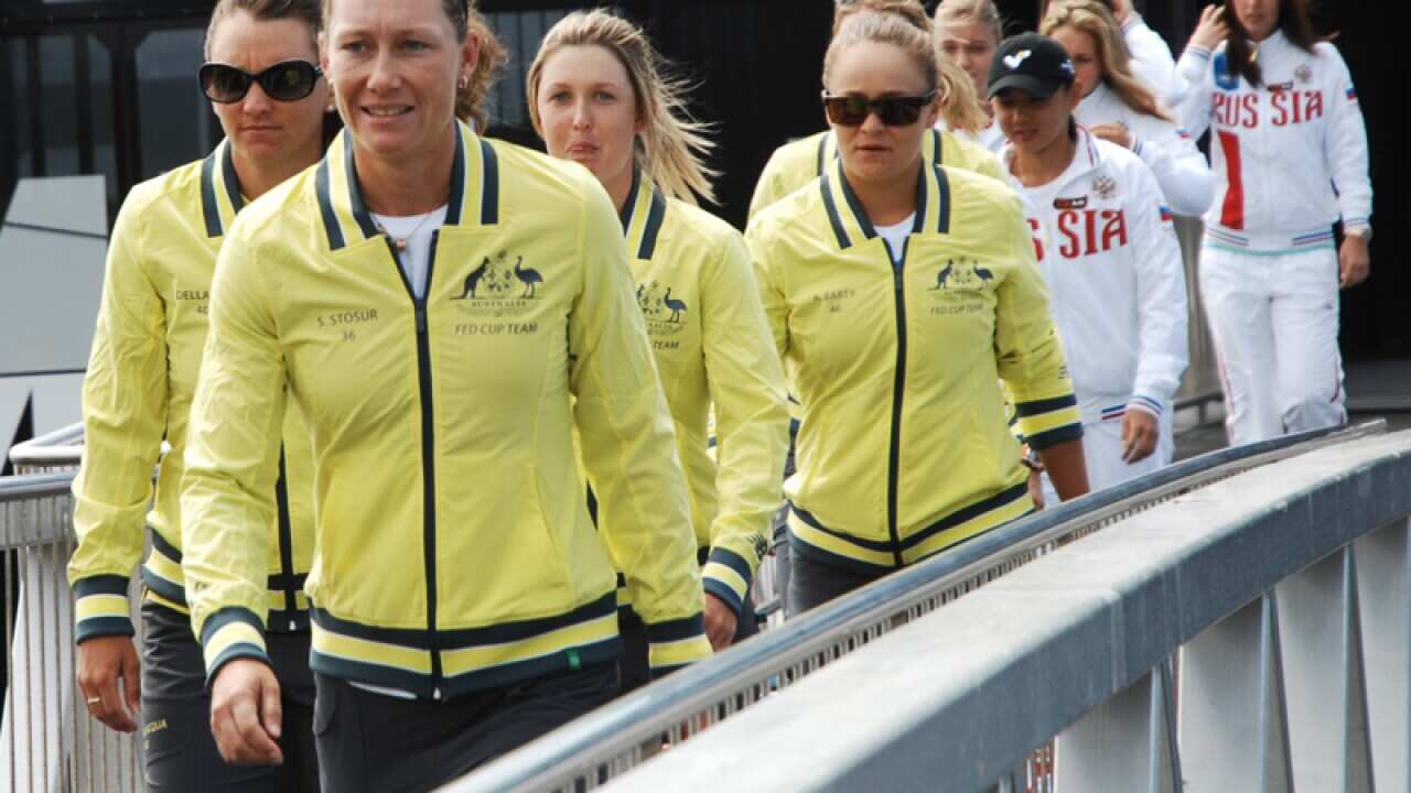 Australian and Russian Fed Cup teams in Hobart