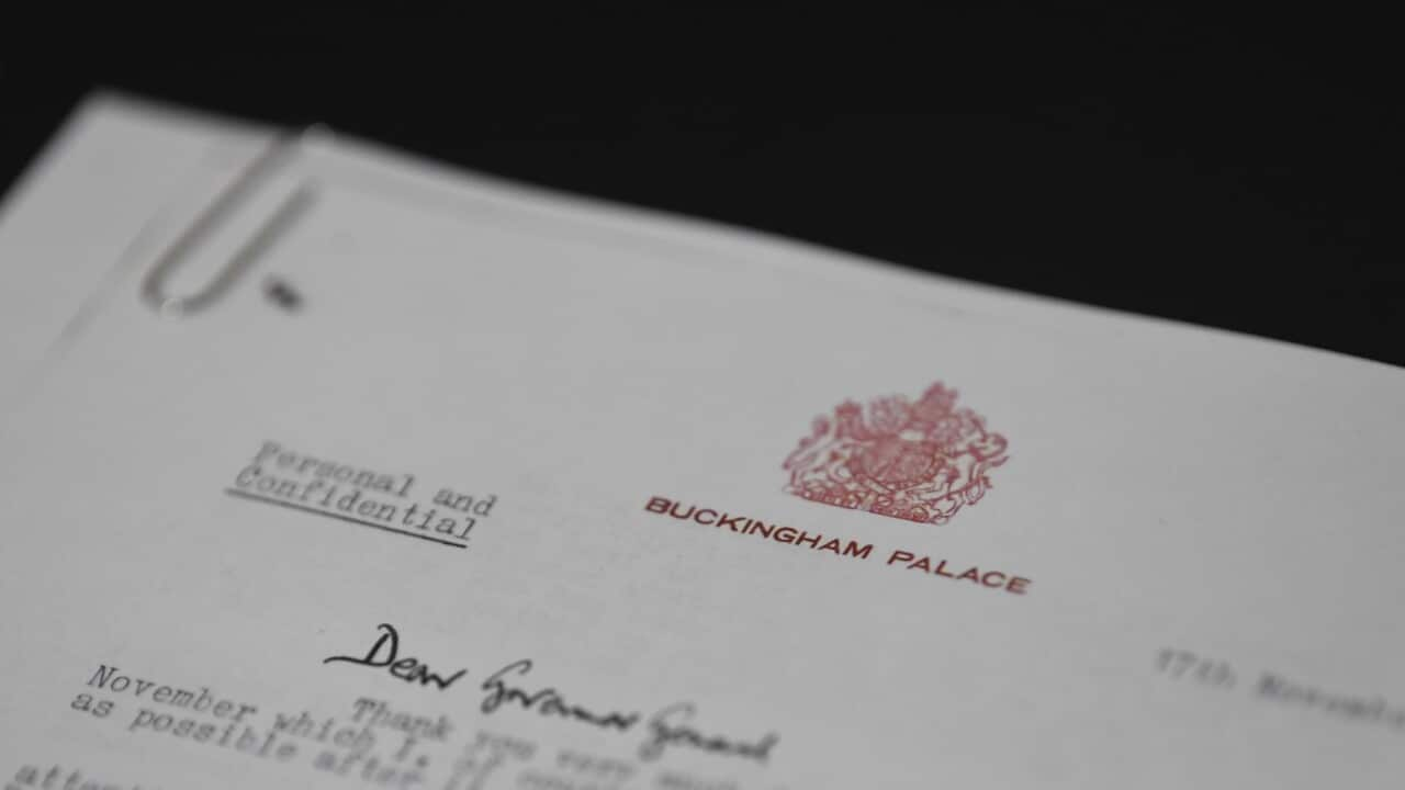 A Buckingham Palace letter head is seen on a letter marked 'Personal and Confidential' during the Kerr Palace Letters release event in Canberra.