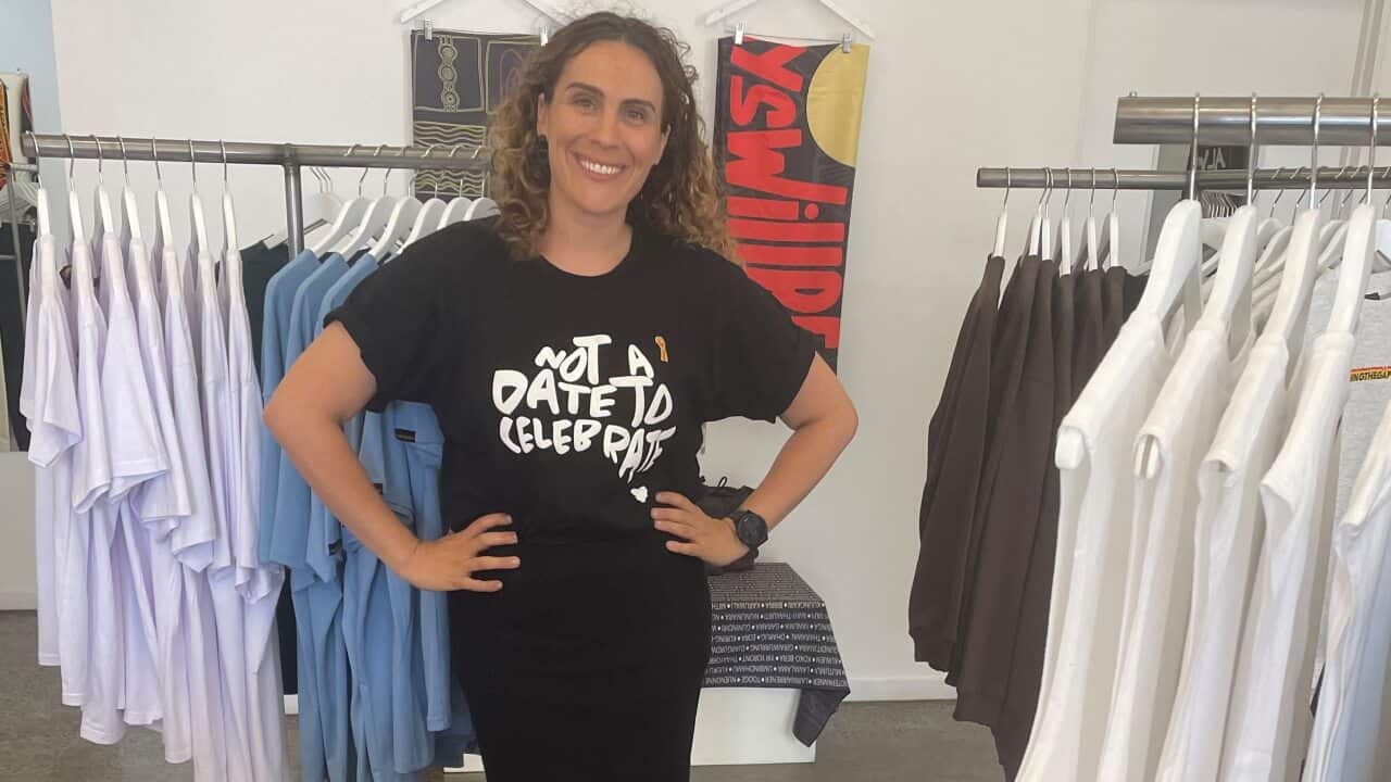 Laura Thompson wears a T-shirt with 'not a date to celebrate' written across it.