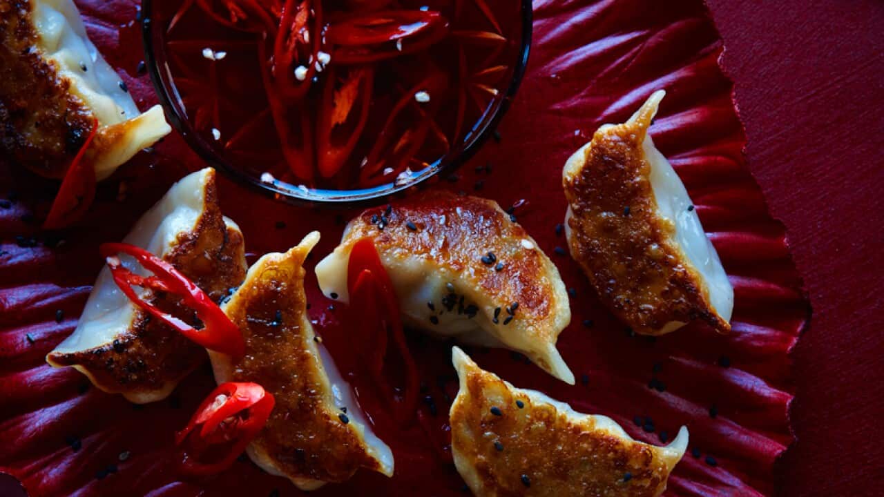 Pan-fried pork and chilli dumplings with chilli infused red vinegar