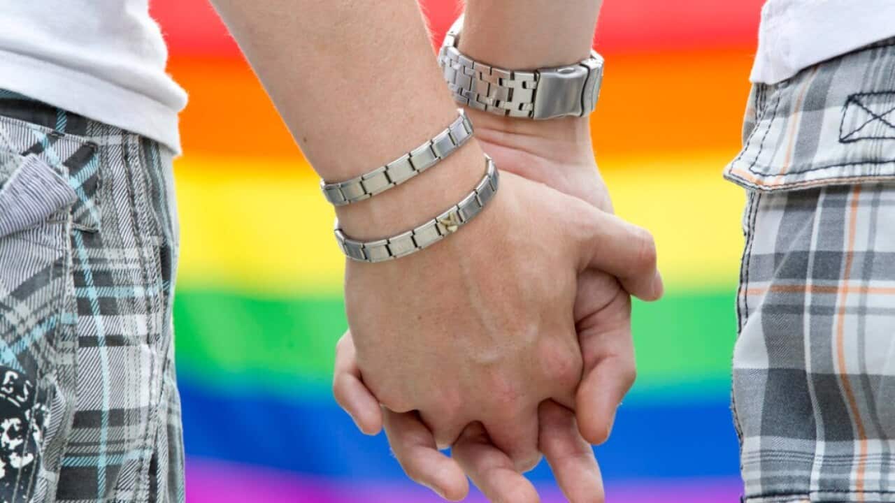 Two homosexual men holding hands.