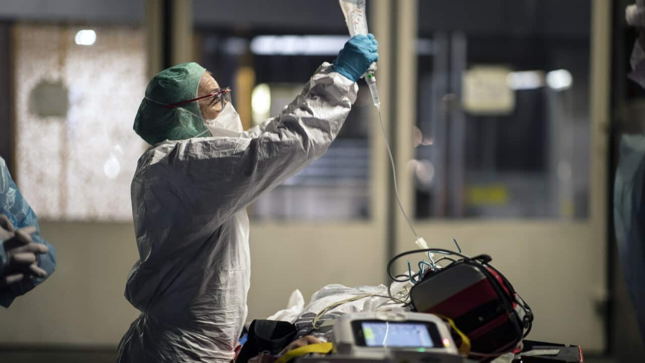 A healthcare worker at the Hautepierre hospital in Strasbourg, eastern France, Thursday, Nov. 12, 2020.