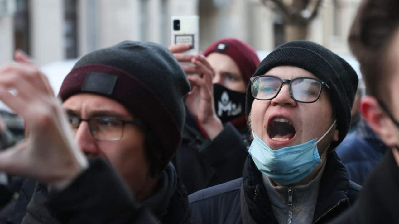 Memorial supporters gather outside the Russian Supreme Court on 28 December 2021