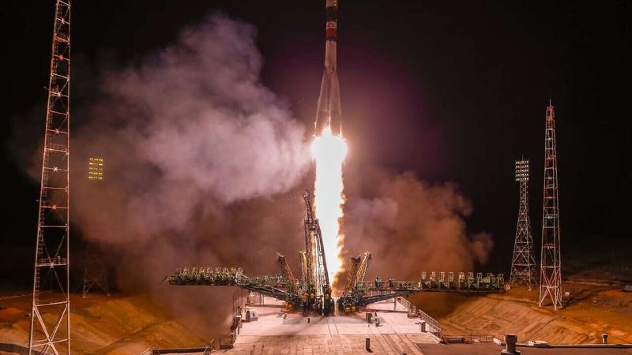 The Soyuz MS-12 spacecraft lifts off