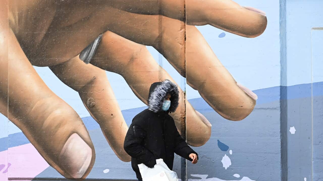 A man wearing a protective mask walks past a mural during the COVID-19 pandemic in Toronto on Tuesday, Dec. 1, 2020. Toronto and Peel region continue to be in lockdown. (Nathan Denette/The Canadian Press via AP)