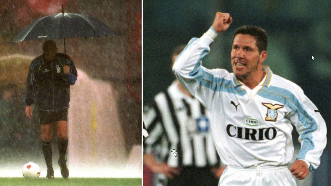 Due immagini simbolo della sfida tra Juve e Lazio nel campionato 99-2000: l'abitro Collina sotto il diluvio di Perugia e Simeone che decide lo scontro diretto