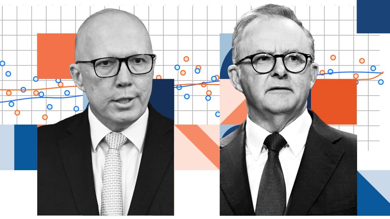 A digital illustration including the headshots of Prime Minister Anthony Albanese and Opposition leader Peter Dutton.