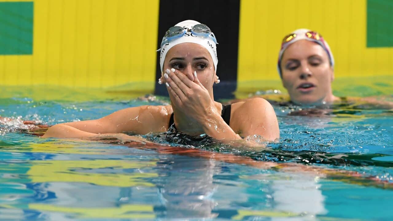 Kaylee McKeown reacts after setting a new World Record at the Australian Swimming Trials