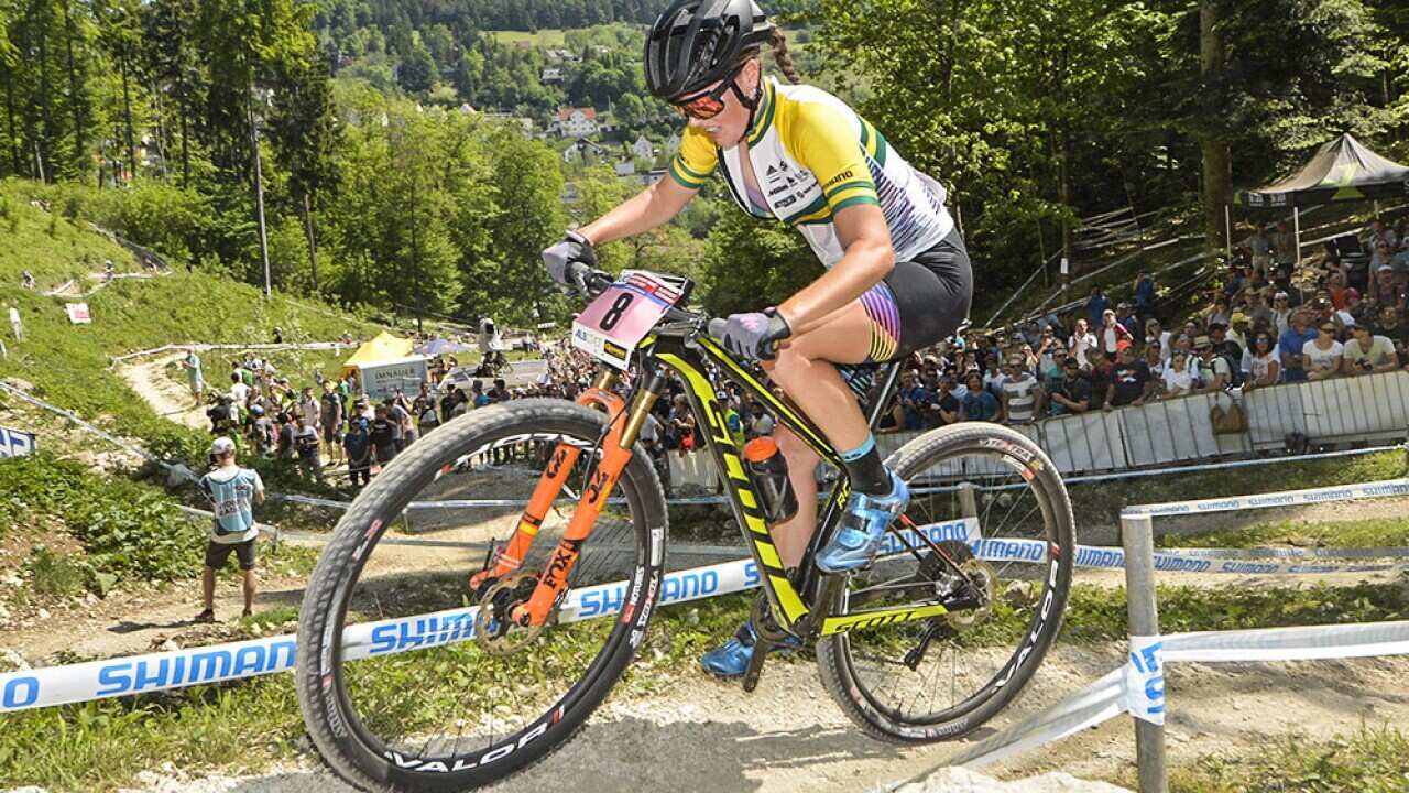 Bec Henderson in action at the Albstadt MTB World Cup