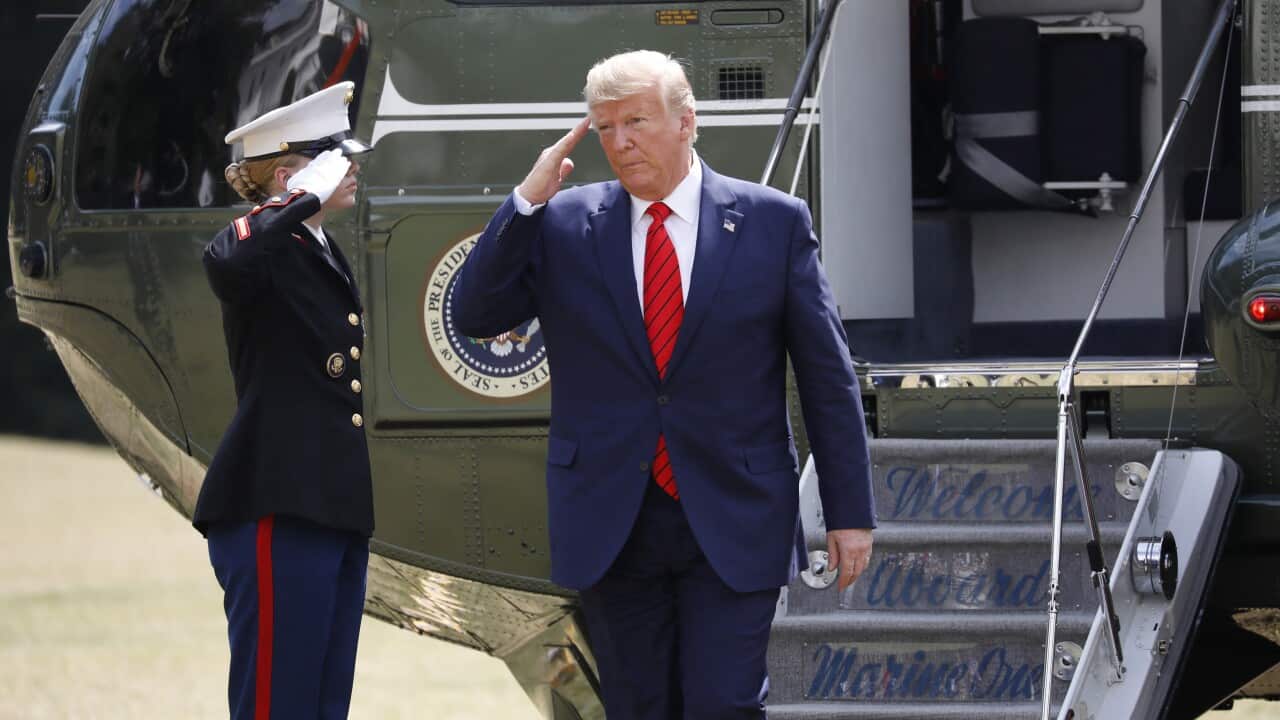 U.S. President Donald Trump salutes format he steps of Marine One helicopter on the South Lawn of the White House upon his return to Washington from New York on September 26, 2019. Photo by Yuri Gripas/ABACAPRESS.COM.