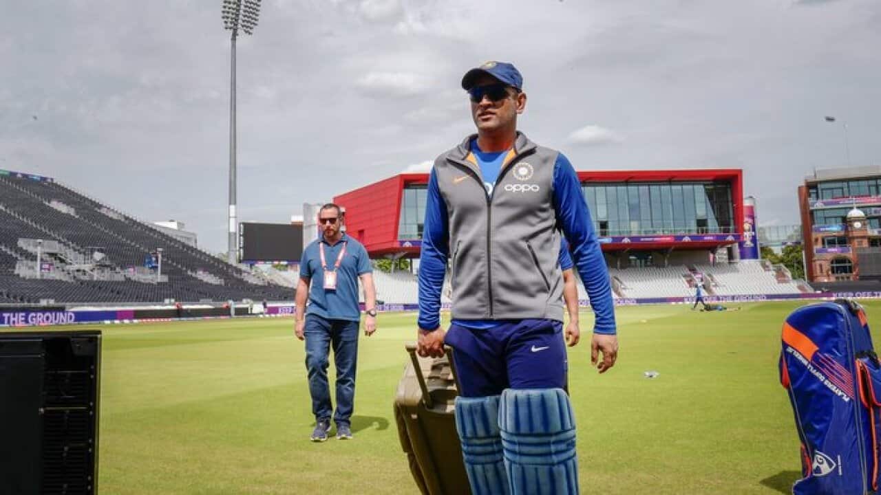 India's MS Dhoni arrives during the nets session at Emirates Old Trafford, Manchester.