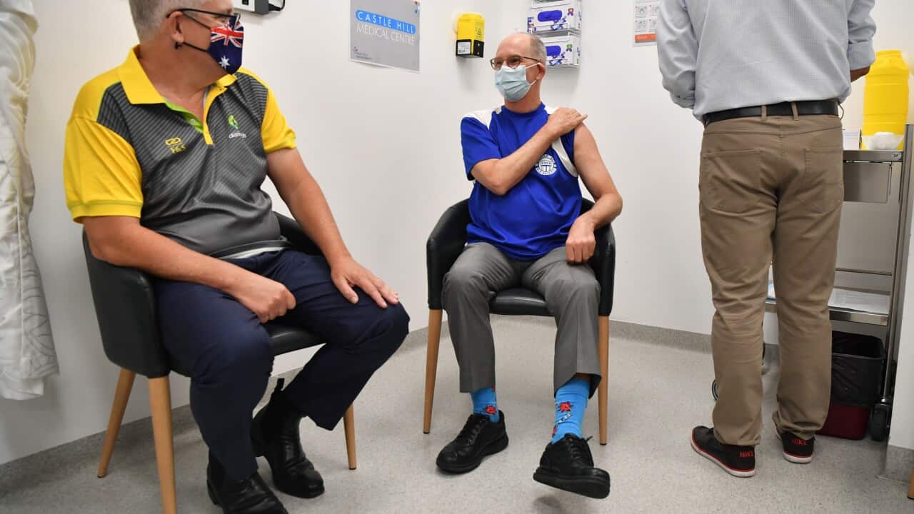 PM Scott Morrison and CMO Professor Paul Kelly receive second dose of COVID-19 vaccine (AAP)
