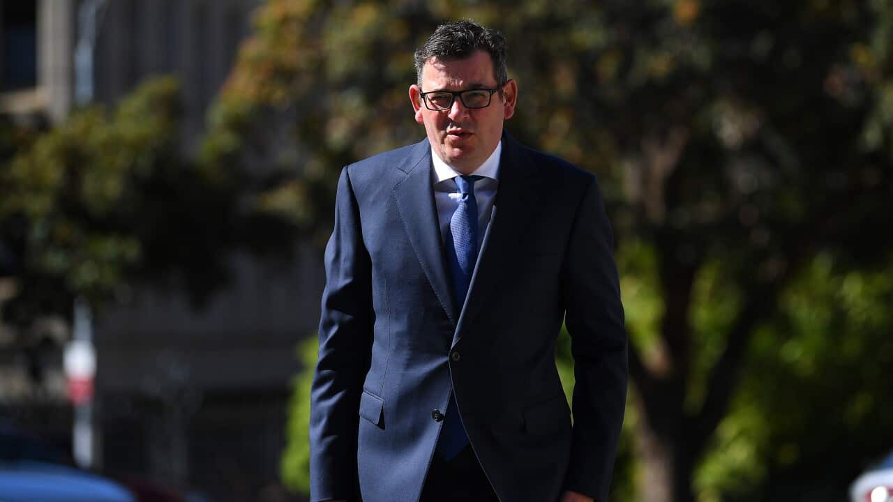 Victorian Premier Daniel Andrews arrives to addresses the media during a press conference in Melbourne, Wednesday, October 6, 2021. (AAP Image/James Ross) NO ARCHIVING