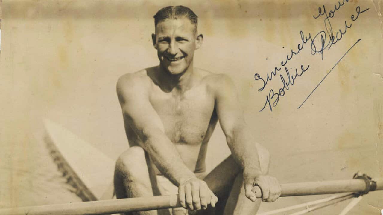 A supplied photo, made available Thursday, July 26, 2012, of a 1930 photo of Australian rower Bobby Pearce at the British Empire Games, signed by him. The photo along with some of his Olympic medals were sold at Bonhams Olympic Games Sale held on 25 July